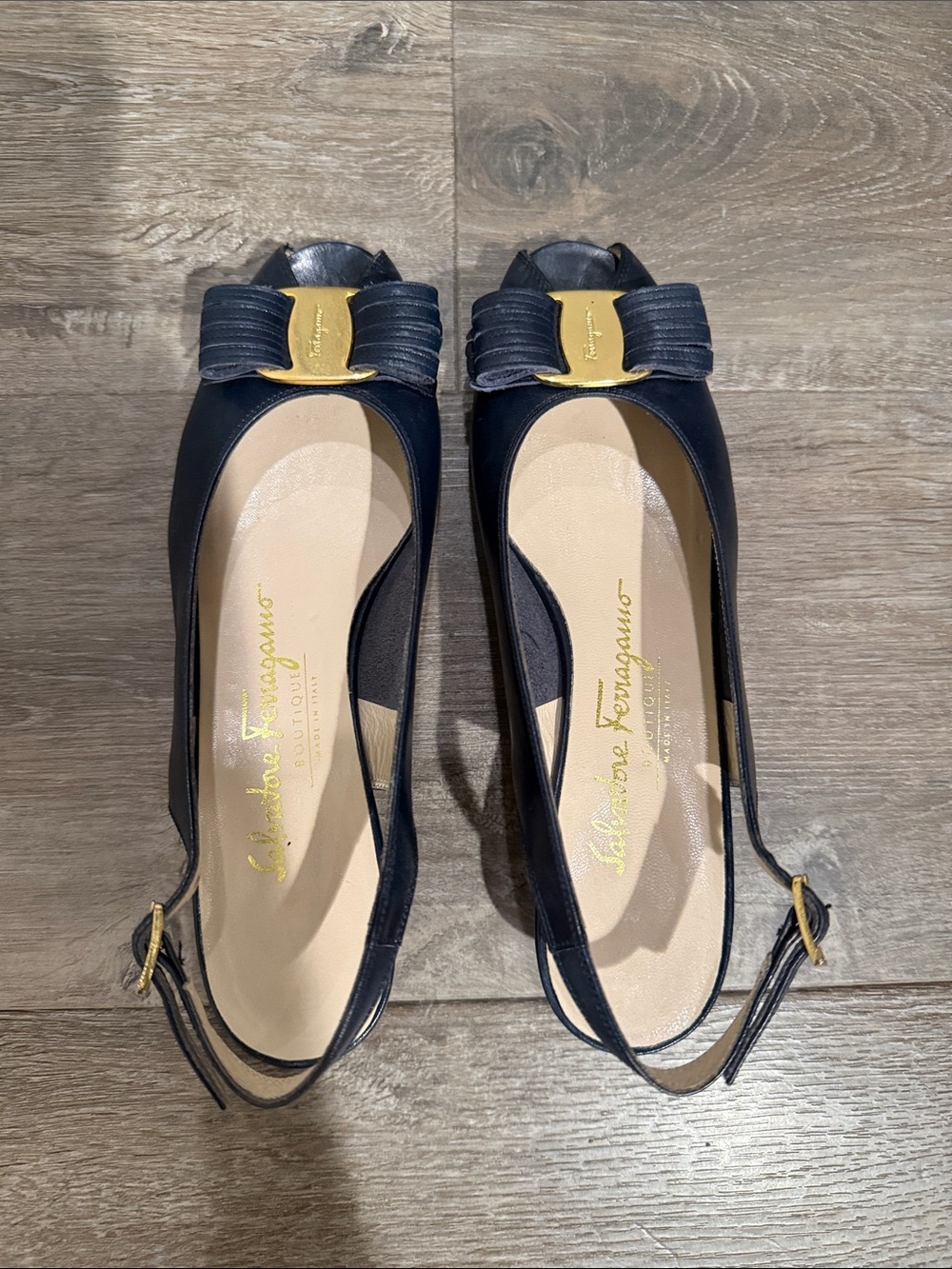 Salvatore Ferragamo Navy Bow Slingback Flats with Gold Accent